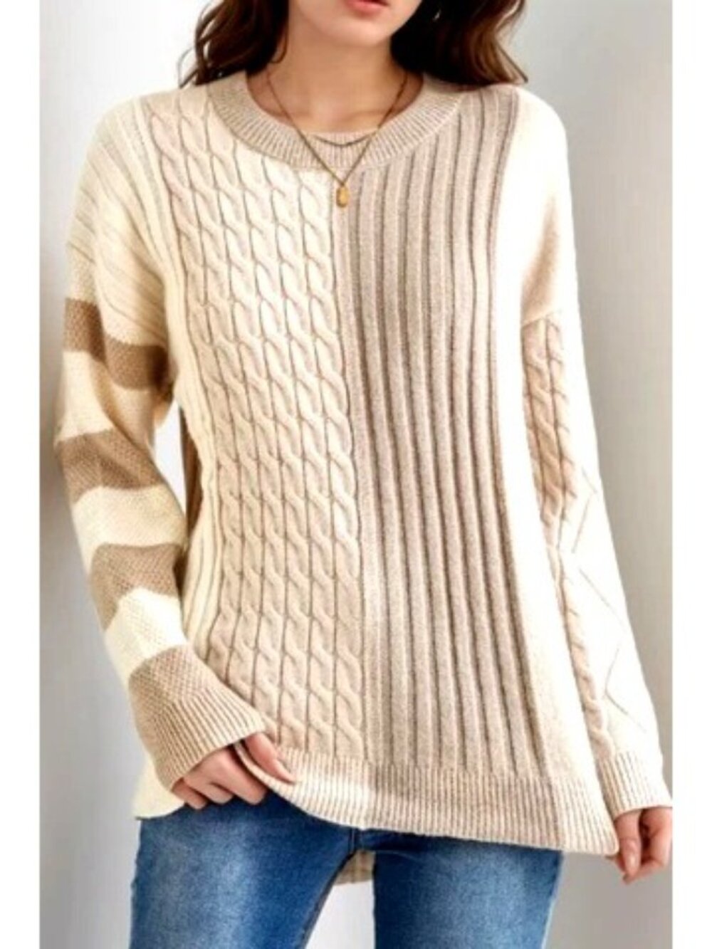 Neutral Colorblock Cable Knit Sweater Womens Size XL Drop Shoulder Sleeve NEW